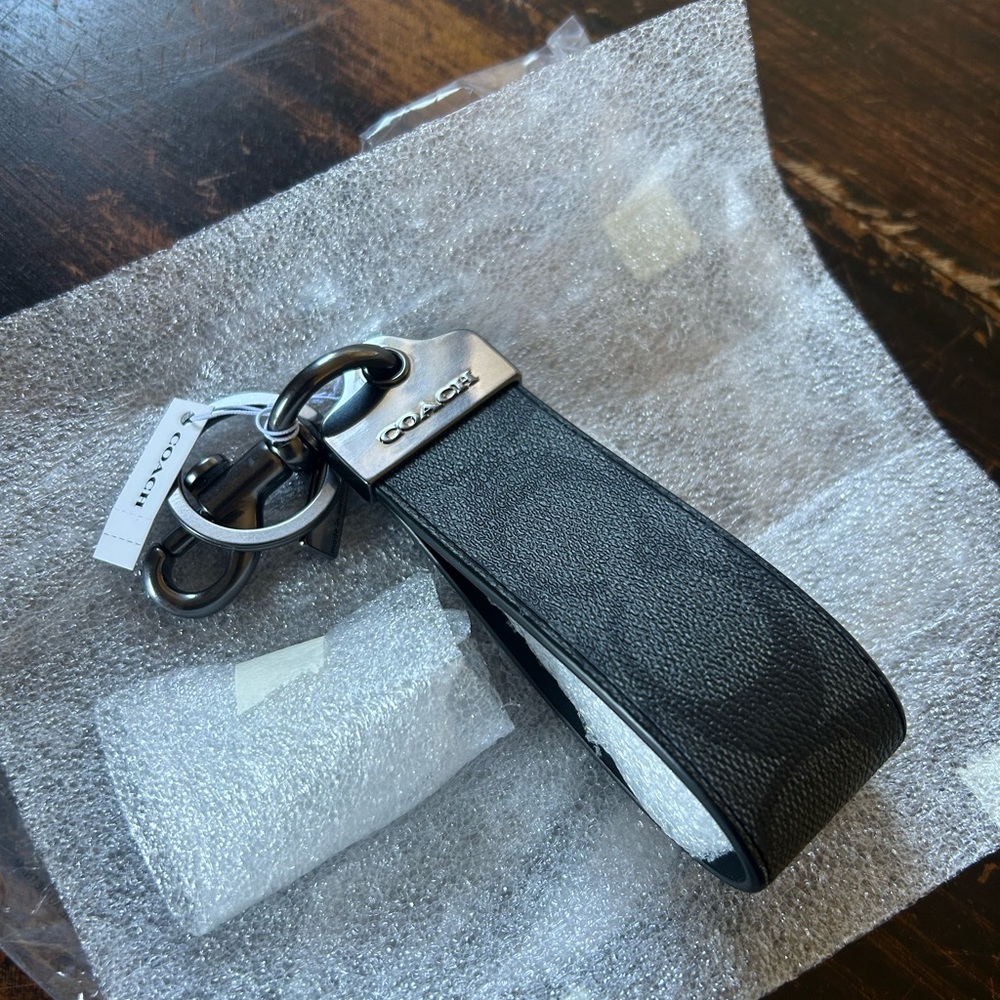 Coach Black and Grey Leather Key Fob
